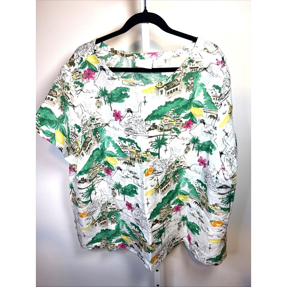 Cynthia Rowley 100% Linen Greek Island Print Top Women’s Size 3X Boxy Pullover
